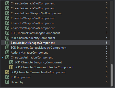 A view of the components list showing BaseLoadoutManagerComponent selected