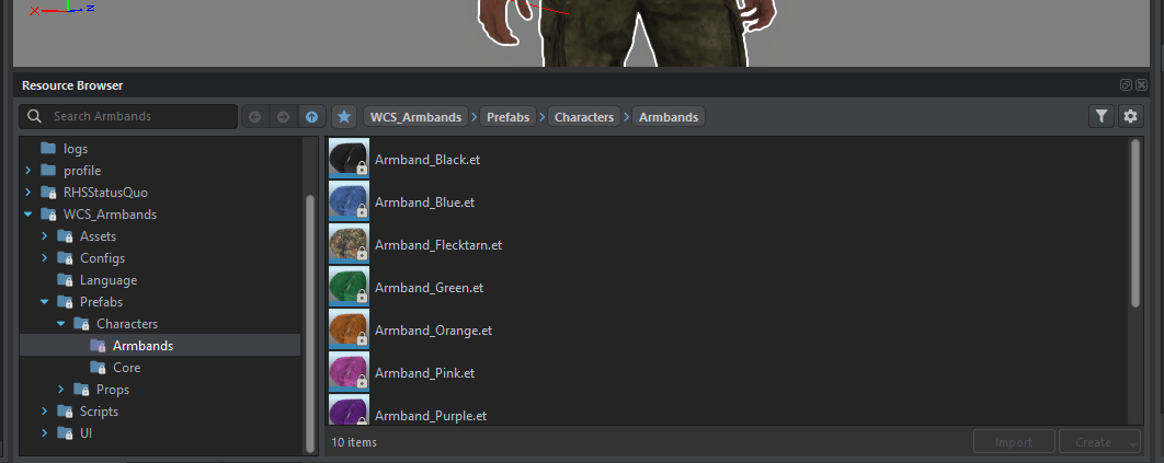 The resource browser, navigated to the Armbands directory
